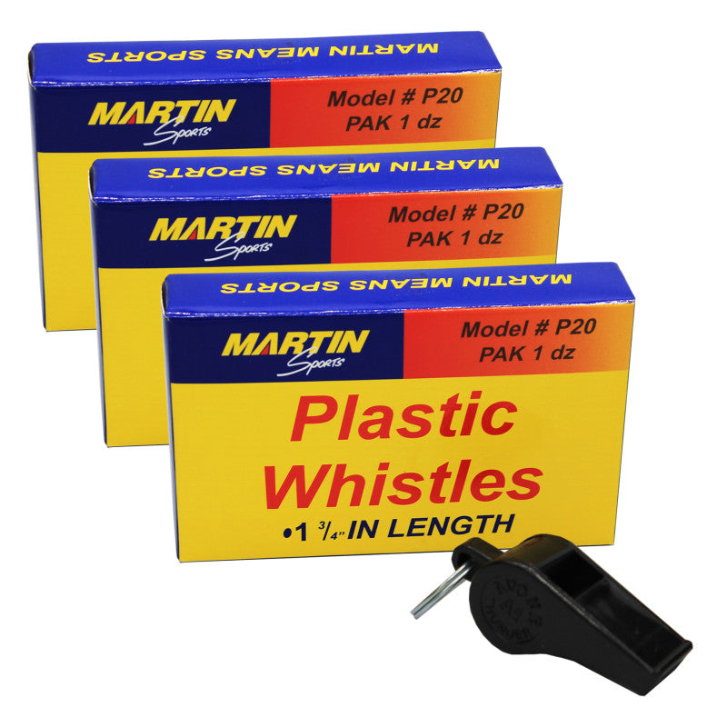 MARTIN SPORTS - Black Plastic Whistles, 12 Per pack, 3 Packs