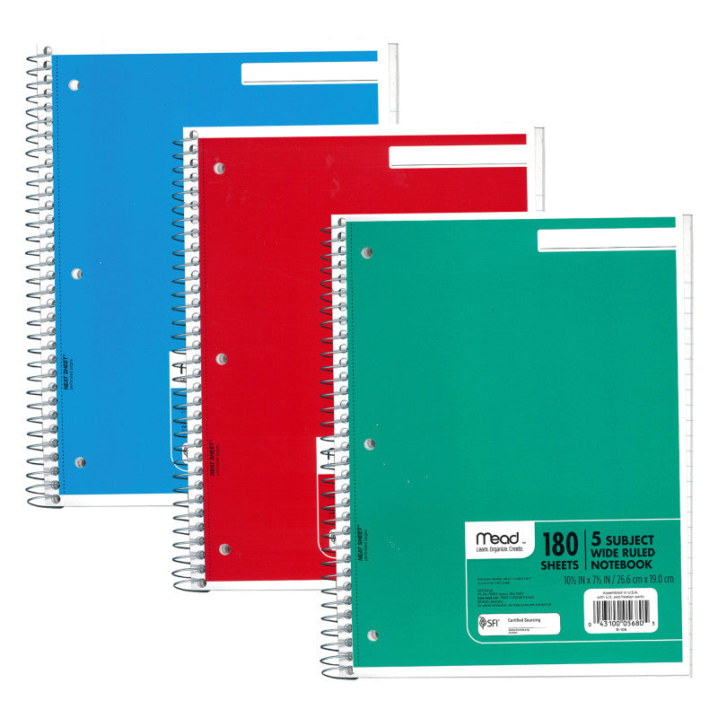 Spiral 5 Subject Notebook, Wide Ruled, 180 Sheets Per Book, Pack of 3