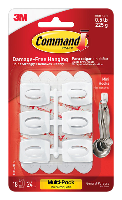 3M - 3M Command Mini Plastic Hook 1.375 in. L 18 pk