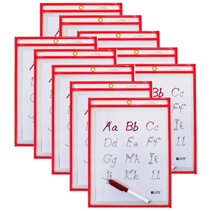 C-LINE - Reusable Dry Erase Pocket - Study Aid, Neon Red, 9" x 12", Pack of 10