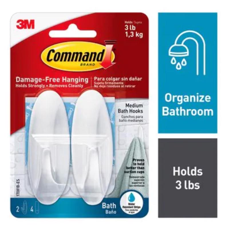 COMMAND - 3M Command Medium Plastic Bath Hook 3.125 in. L 2 pk