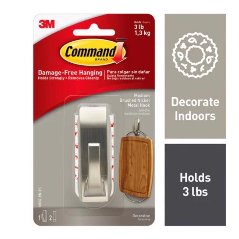 COMMAND - 3M Command 3-1/8 in. L Brushed Nickel Metal Medium Hook 3 lb. cap. 1 pk