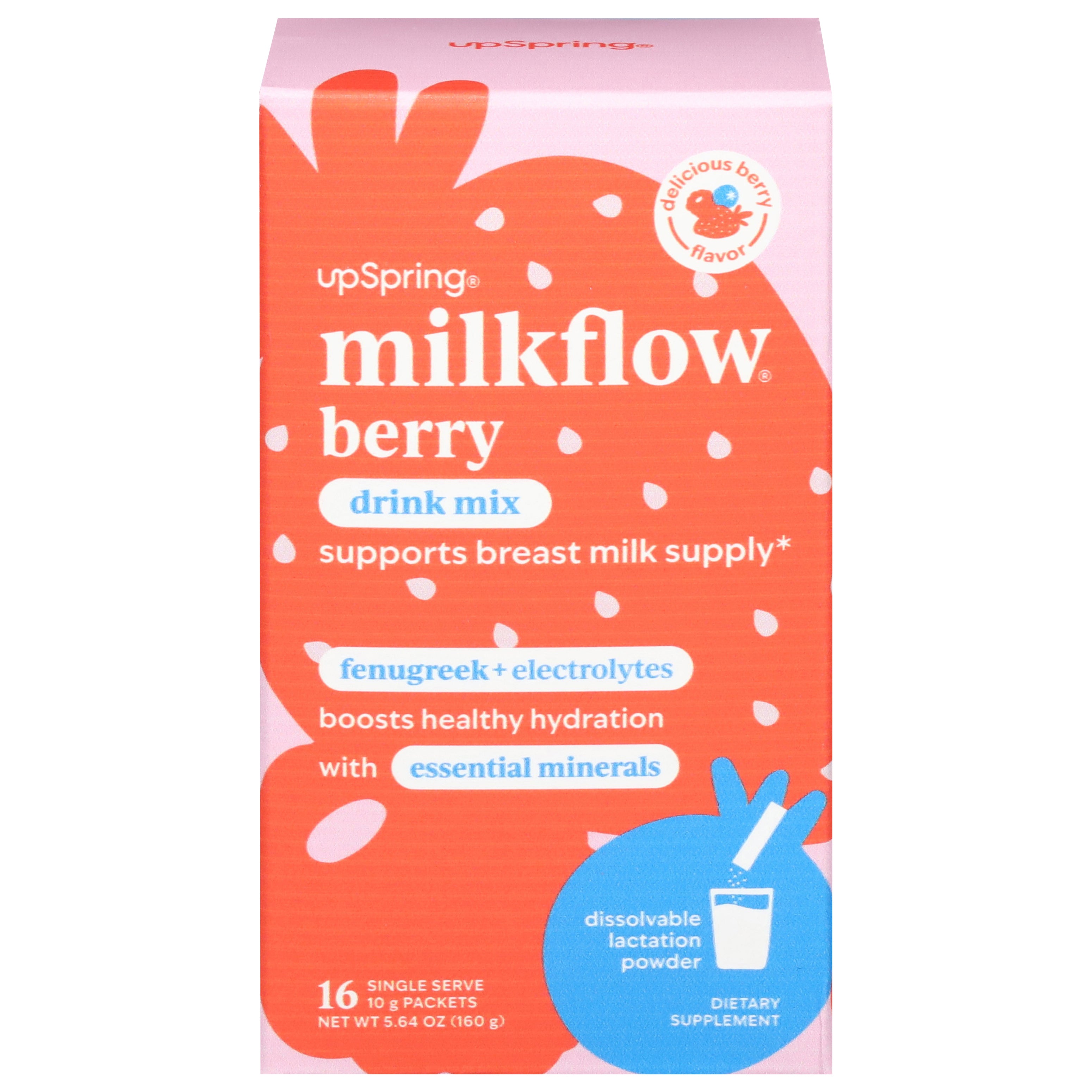 UpSpring Milkflow Delicious Berry Flavor Drink Mix 16 Single Serve Packets - Case of 1