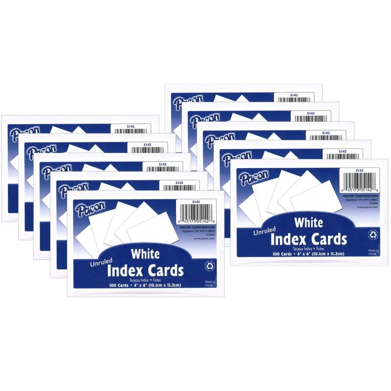 PACON - Index Cards, White, Unruled, 4" x 6", 100 Per Pack, 10 Packs