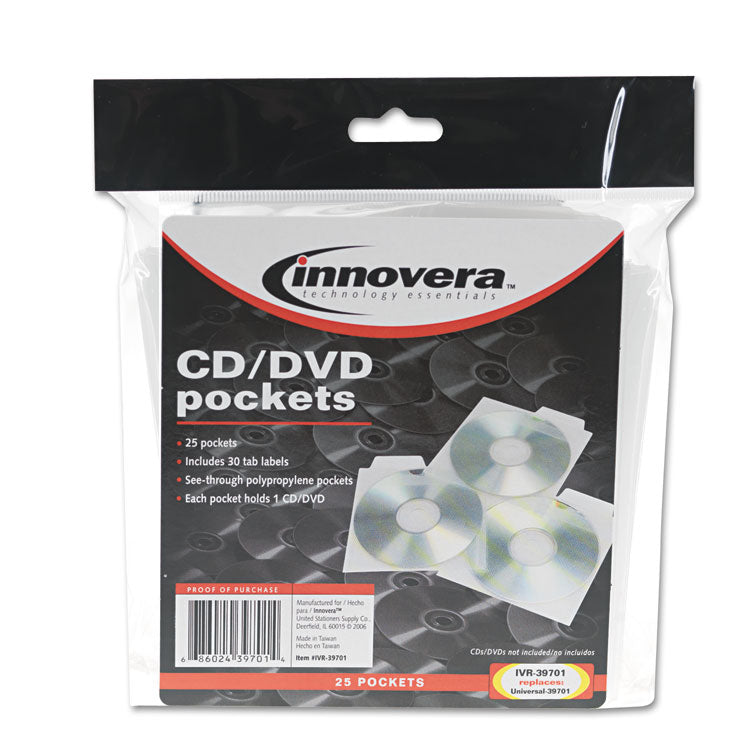 Innovera - CD/DVD Pockets, 1 Disc Capacity, Clear, 25/Pack