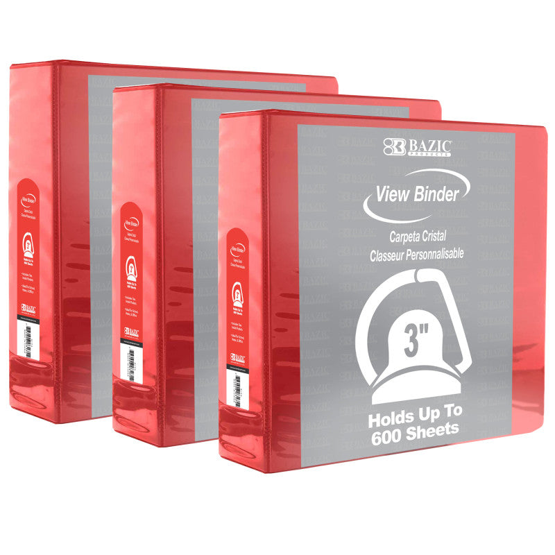 BAZIC PRODUCTS - Slant D Ring View Binder with 2 Pockets, 3", Red, Pack of 3