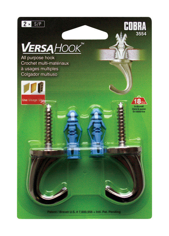 COBRA - Cobra Versahook 2-1/2 in. L Brushed Nickel Steel Small Hook 18 lb. cap. 2 pk - Case of 5