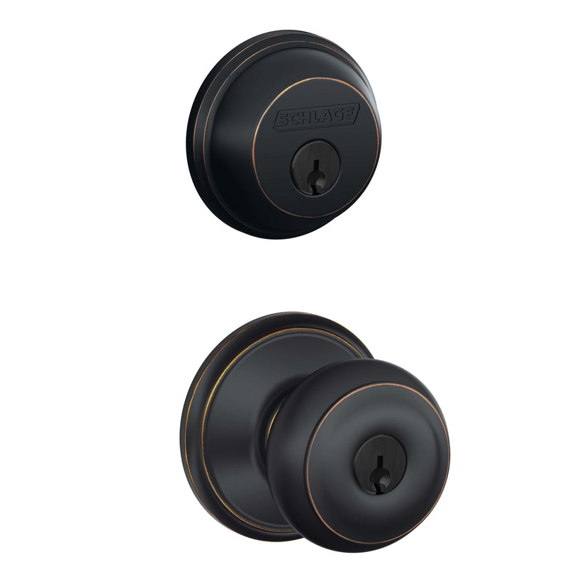 SCHLAGE - Schlage Georgian Aged Bronze Knob and Single Cylinder Deadbolt 1-3/4 in.