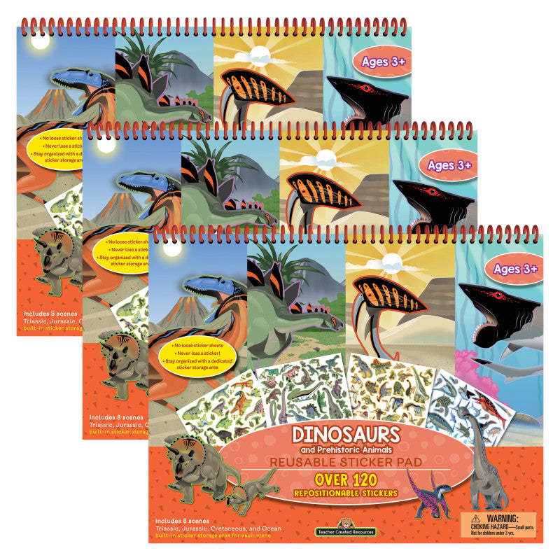 TEACHER CREATED RESOURCES - Dinosaurs and Prehistoric Animals Reusable Sticker Pad, Pack of 3