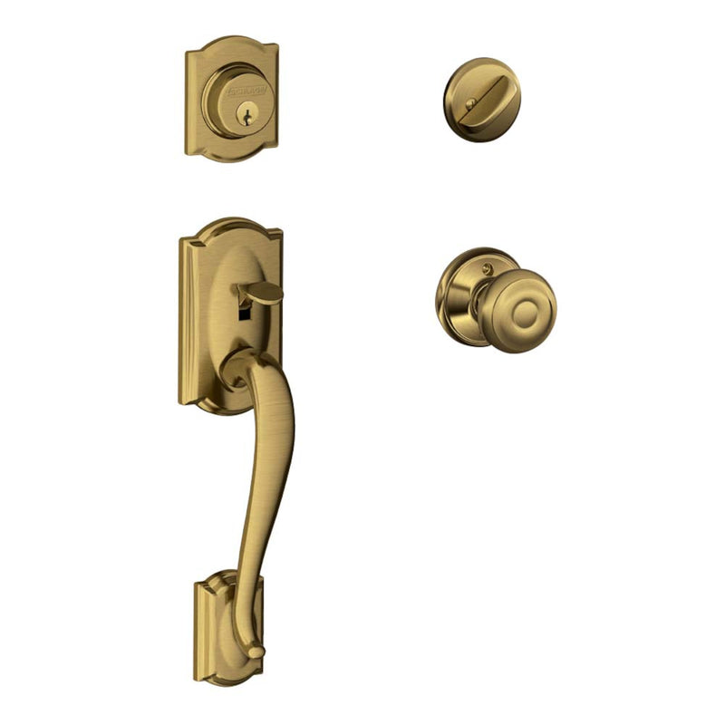 SCHLAGE - Schlage Camelot, Accent Antique Brass Entry Handleset 1-3/4 in.