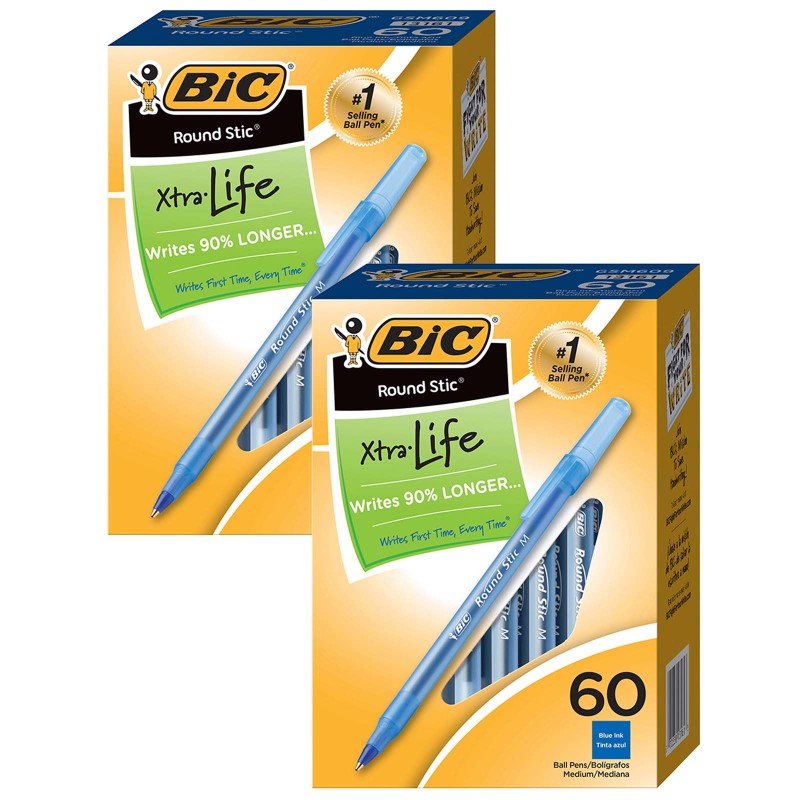 BIC - Round Stic® Xtra Life Ball Pen, Blue, 60 Per Pack, 2 Packs