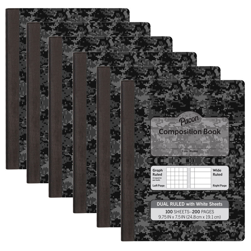 PACON - Dual Ruled Composition Book, Dark Gray Marble, 1/4" Grid & 3/8" Wide Ruled, 9-3/4" x 7-1/2", 100 Sheets, Pack of 6