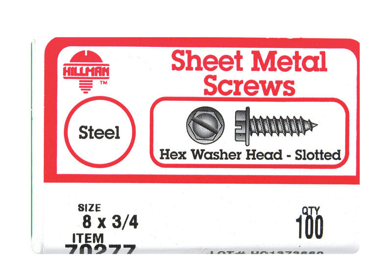 HILLMAN - Hillman No. 8 X 3/4 in. L Slotted Hex Washer Head Sheet Metal Screws 100 pk [70277]