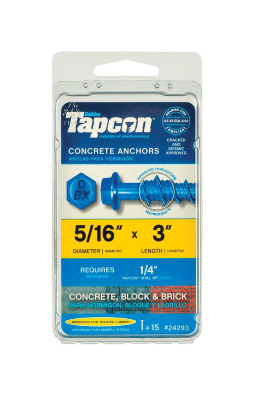 TAPCON - Tapcon 5/16 in. D X 3 in. L Steel Hex Head Concrete Screw Anchor 15 pk