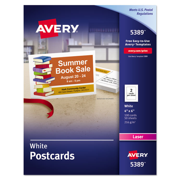 Avery - Printable Postcards, Laser, 80 lb, 4 x 6, Uncoated White, 100 Cards, 2/Cards/Sheet, 50 Sheets/Box