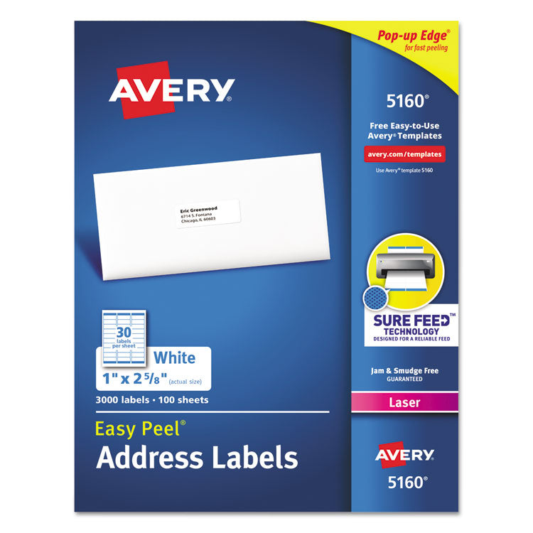 Avery - Easy Peel White Address Labels w/ Sure Feed Technology, Laser Printers, 1 x 2.63, White, 30/Sheet, 100 Sheets/Box