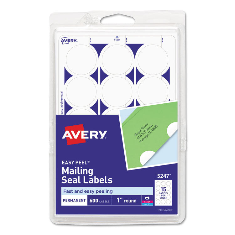 Avery - Printable Mailing Seals, 1" dia., White, 15/Sheet, 40 Sheets/Pack, (5247)