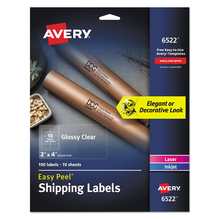 Avery - Glossy Clear Easy Peel Mailing Labels w/ Sure Feed Technology, Inkjet/Laser Printers, 2 x 4, Clear, 10/Sheet, 10 Sheets/Pack