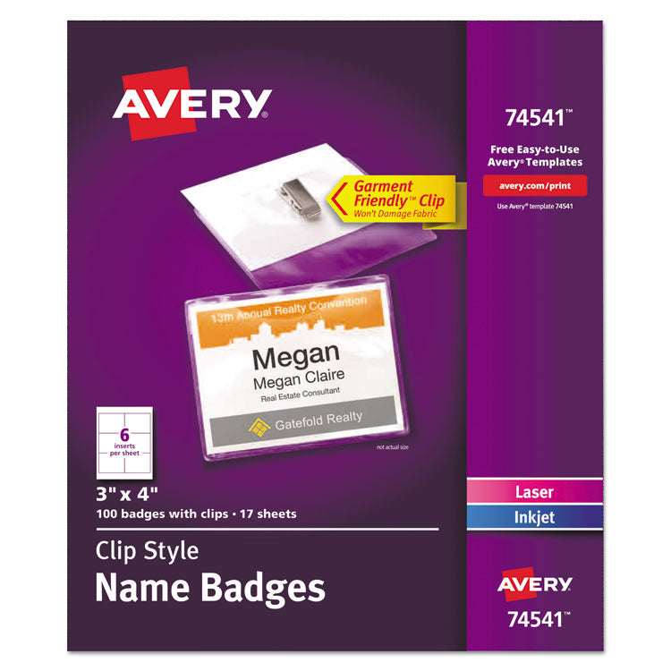 Avery - Clip-Style Name Badge Holder with Laser/Inkjet Insert, Top Load, 4 x 3, White, 100/Box