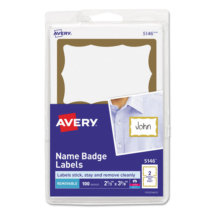 Avery - Printable Adhesive Name Badges, 3.38 x 2.33, Gold Border, 100/Pack