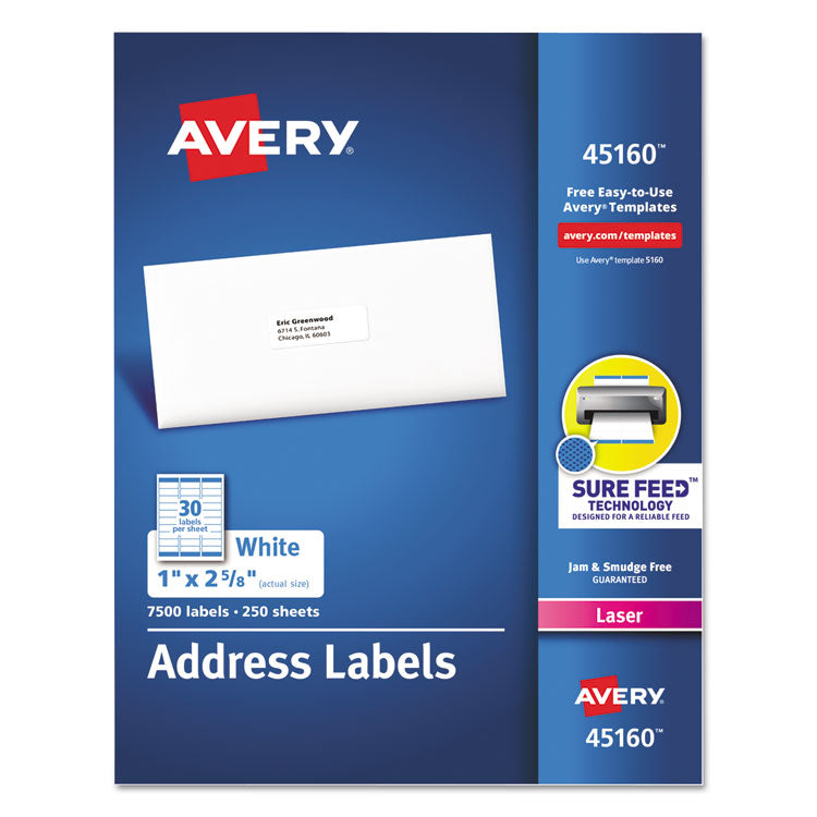 Avery - White Address Labels w/ Sure Feed Technology for Laser Printers, Laser Printers, 1 x 2.63, White, 30/Sheet, 250 Sheets/Box