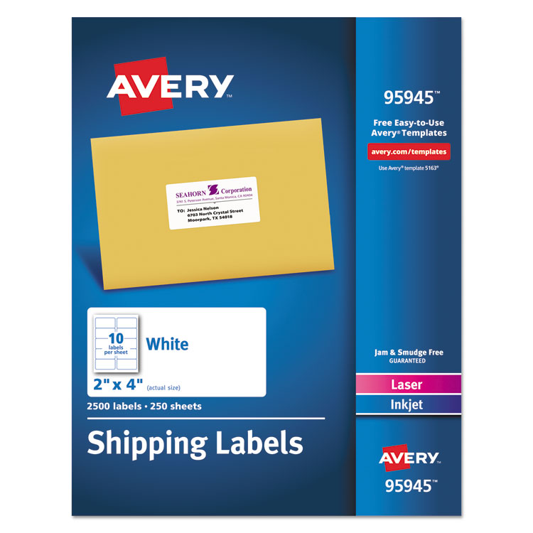 Avery - White Shipping Labels-Bulk Packs, Inkjet/Laser Printers, 2 x 4, White, 10/Sheet, 250 Sheets/Box