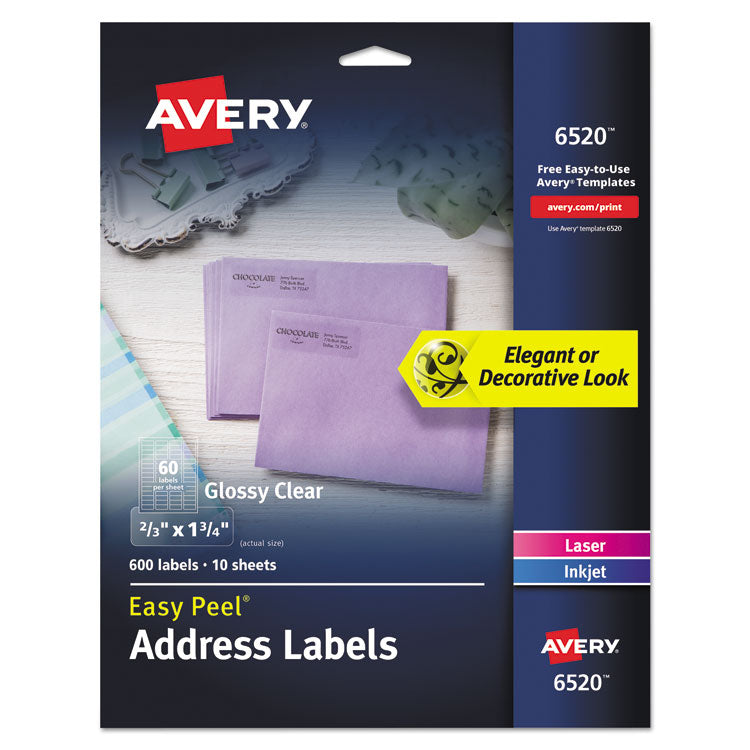 Avery - Glossy Clear Easy Peel Mailing Labels w/ Sure Feed Technology, Inkjet/Laser Printers, 0.66 x 1.75, 60/Sheet, 10 Sheets/PK