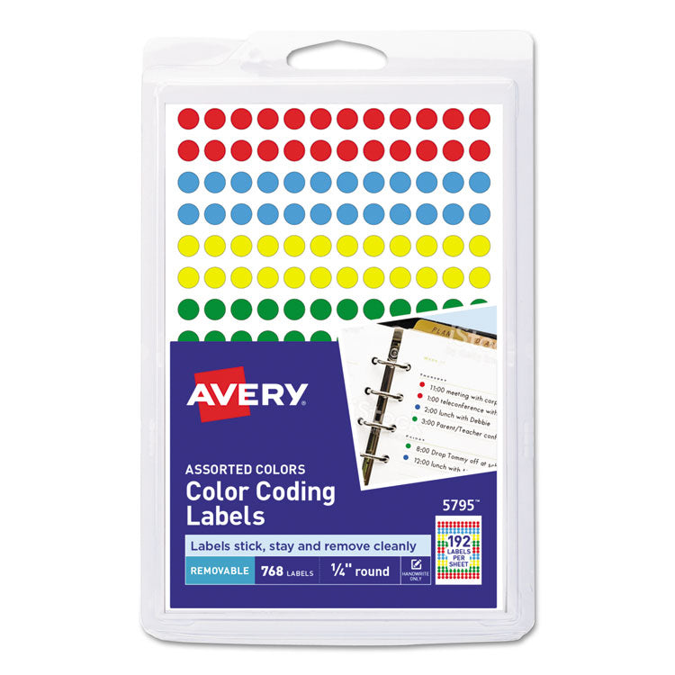 Avery - Handwrite Only Self-Adhesive Removable Round Color-Coding Labels, 0.25" dia., Assorted, 192/Sheet, 4 Sheets/Pack, (5795)