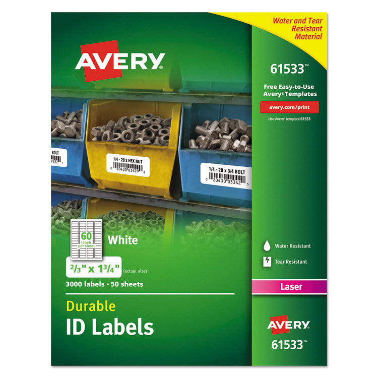 Avery - Durable Permanent ID Labels with TrueBlock Technology, Laser Printers, 0.66 x 1.75, White, 60/Sheet, 50 Sheets/Pack