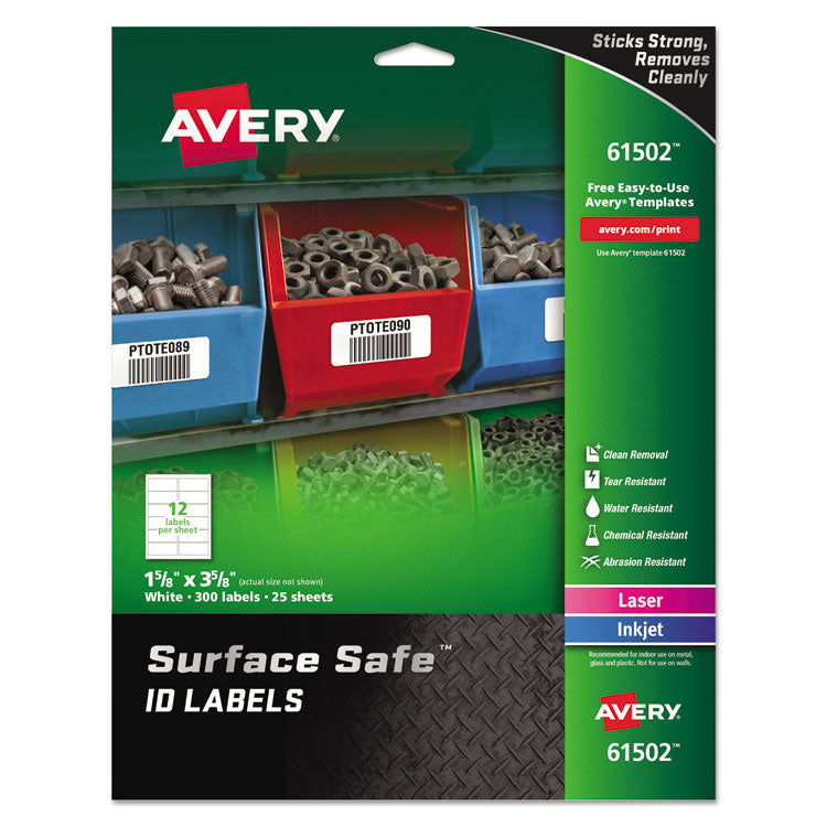 Avery - Surface Safe ID Labels, Inkjet/Laser Printers, 1.63 x 3.63, White, 12/Sheet, 25 Sheets/Pack