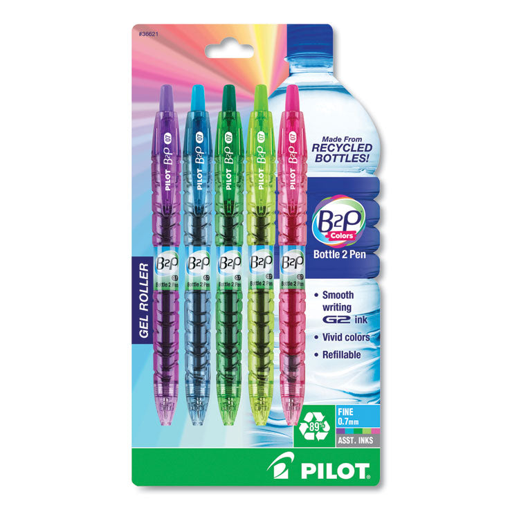 Pilot - B2P Bottle-2-Pen Recycled Gel Pen, Retractable, Fine 0.7 mm, Assorted Ink and Barrel Colors, 5/Pack