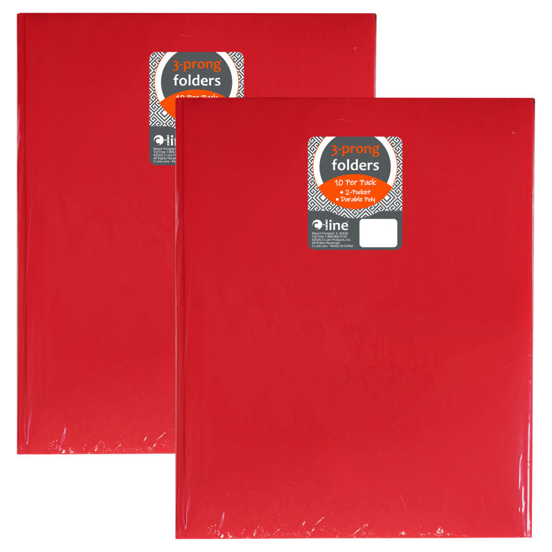 C-LINE - Two-Pocket Heavyweight Poly Portfolio Folder with Prongs, Red, 10 Per Pack, 2 Packs