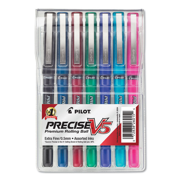 Pilot - Precise V5 Roller Ball Pen, Stick, Extra-Fine 0.5 mm, Assorted Ink and Barrel Colors, 7/Pack