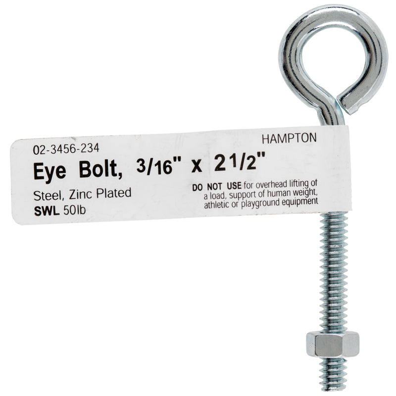 HAMPTON - Hampton 3/16 in. X 2.5 in. L Zinc-Plated Steel Eyebolt Nut Included - Case of 10