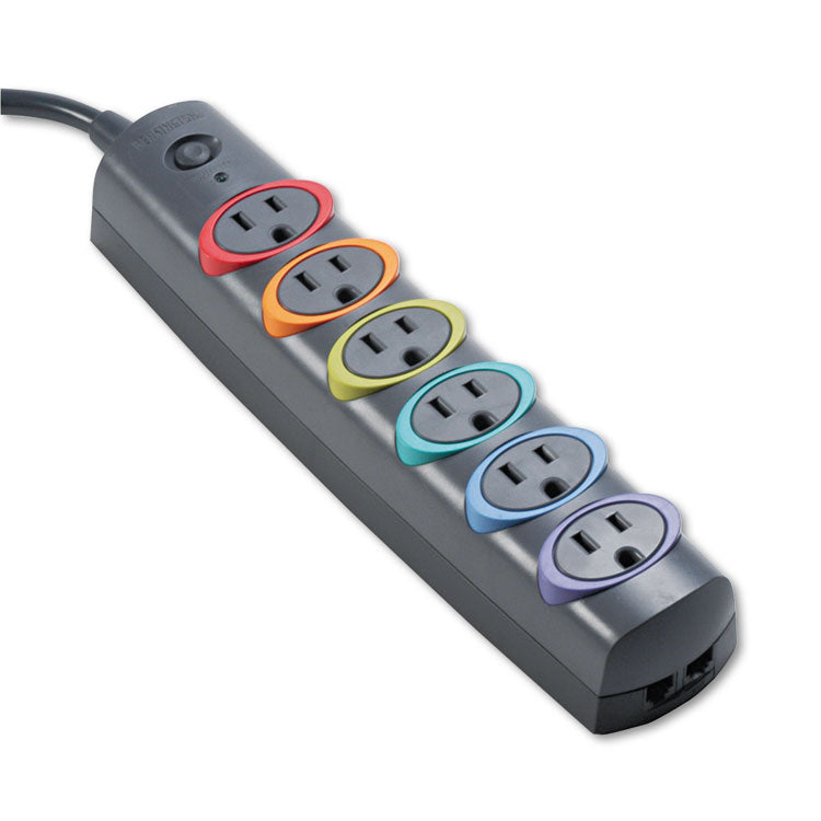 Kensington - SmartSockets Color-Coded Strip Surge Protector, 6 AC Outlets, 6 ft Cord, 670 J, Black