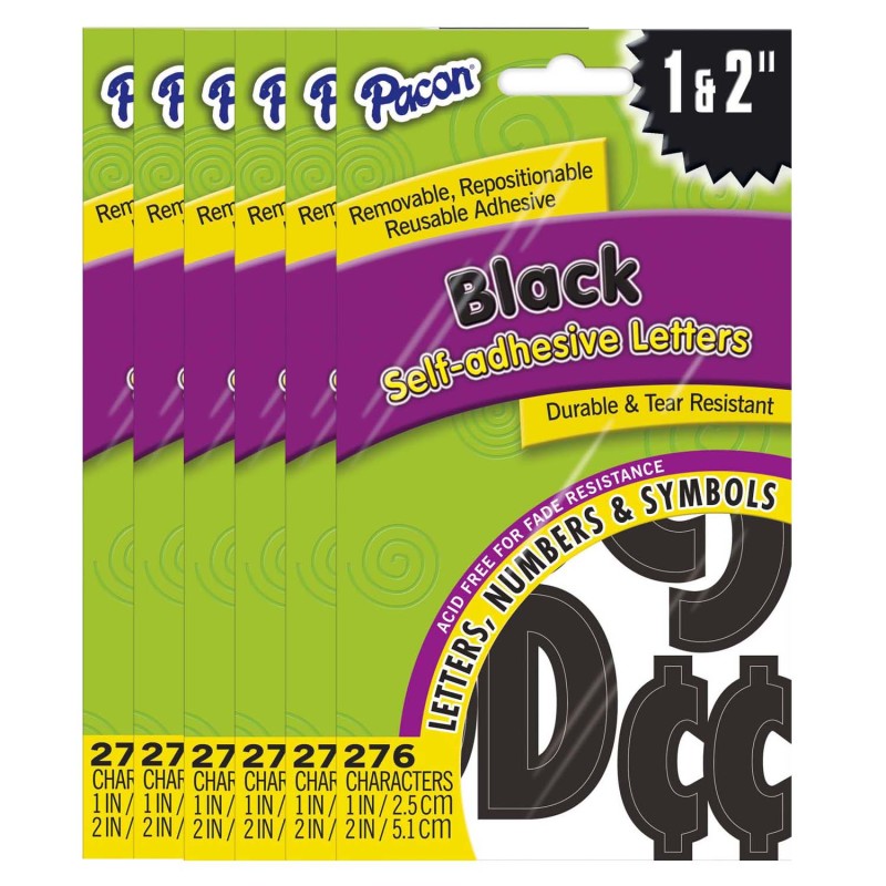 PACON - Self-Adhesive Letters, Black, Classic Font, 1" & 2", 276 Characters Per Pack, 6 Packs