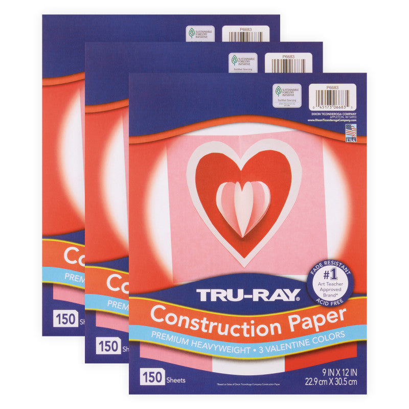 TRU-RAY - Construction Paper Valentine Assortment, 9" x 12", 150 Sheets Per Pack, 3 Packs