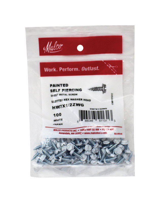 MALCO - Malco No 7 Sizes X 1/2 in. L Slotted Hex Washer Head Sheet Metal Screws 100 pk