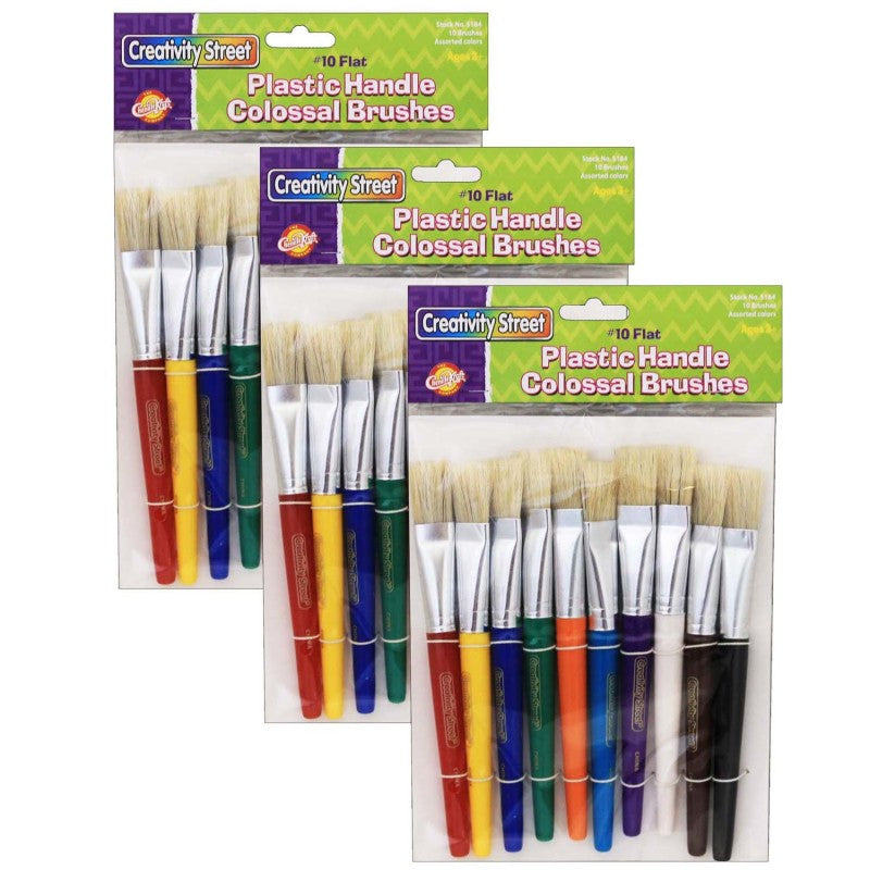 CREATIVITY STREET - Beginner Paint Brushes, Flat Stubby Brushes, 10 Assorted Colors, 7.5" Long, 10 Per Pack, 3 Packs