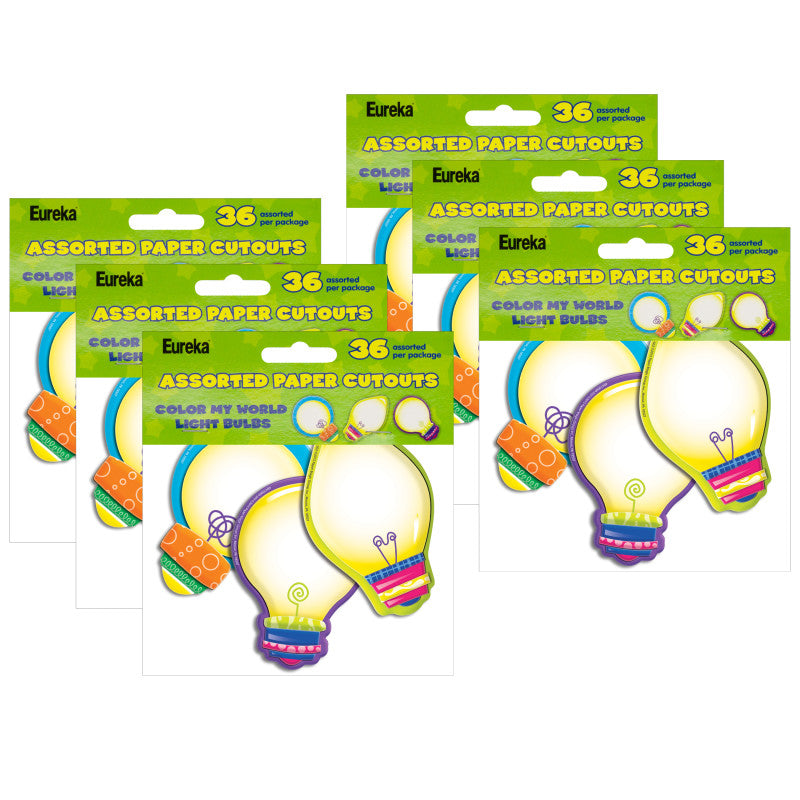 EUREKA - Color My World Light Bulbs Assorted Paper Cut Outs, 36 Per Pack, 6 Packs