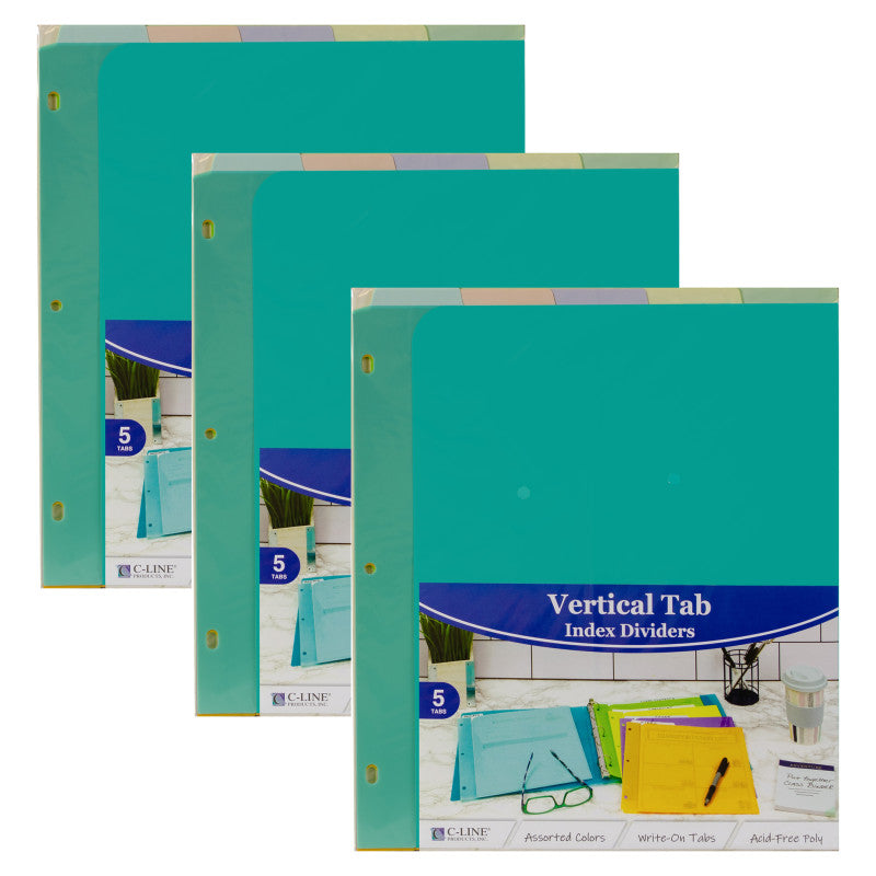 C-LINE - 5-Tab Index Dividers with Vertical Tab, Bright Color Assortment, 8-1/2 x 11, 3 Sets