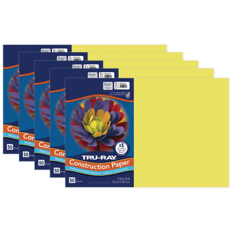 TRU-RAY - Construction Paper, Lively Lemon, 12" x 18", 50 Sheets Per Pack, 5 Packs