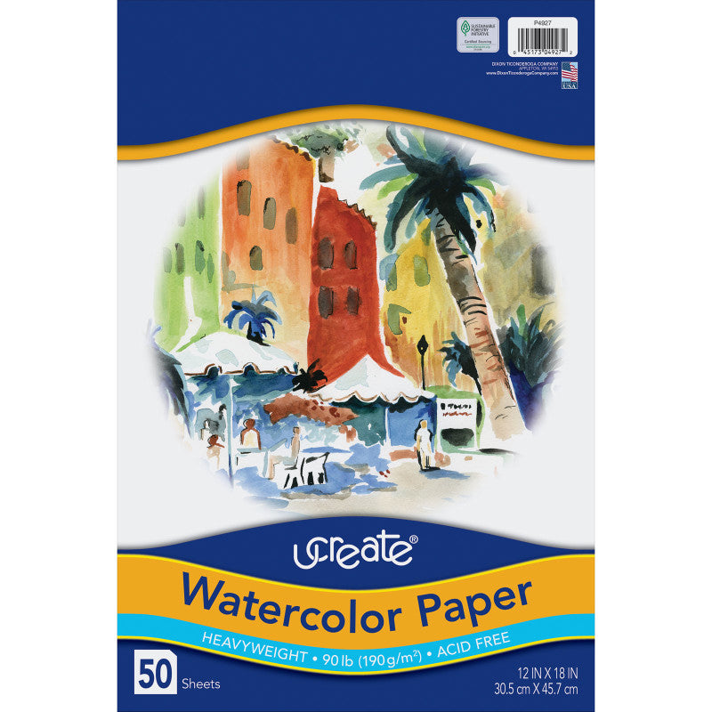 UCREATE - Watercolor Paper, White, 90lb., 12" x 18", 50 Sheets