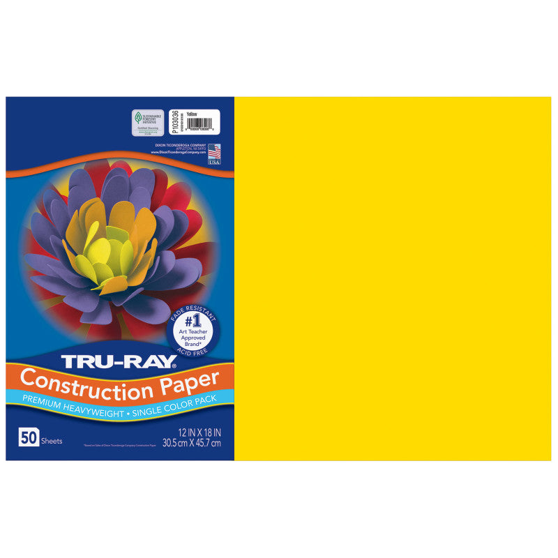Construction Paper, Heavyweight, Yellow, 12" x 18", 50 Sheets