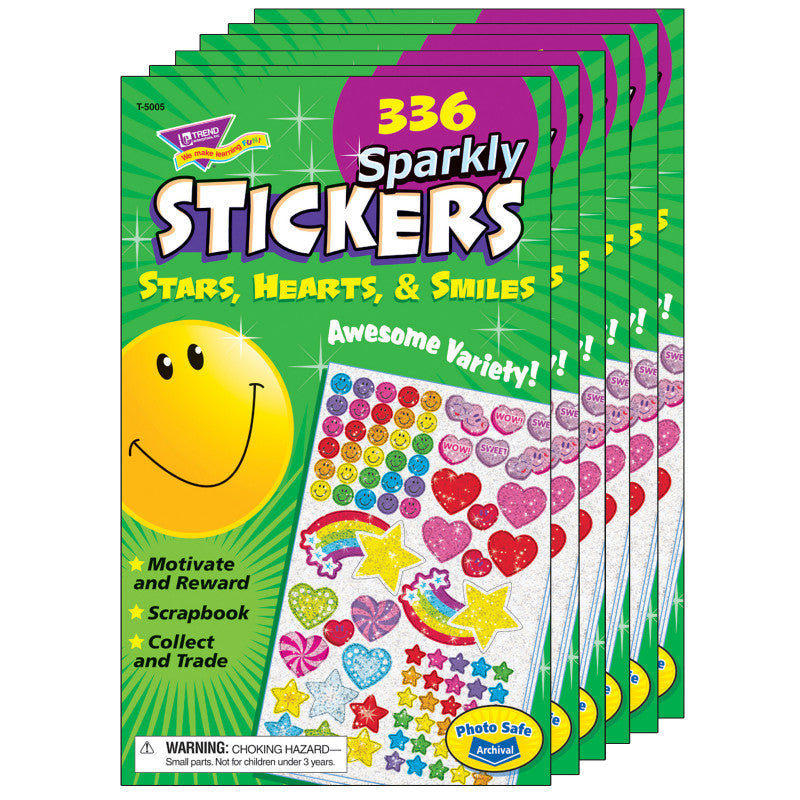 TREND - Sparkly Stars, Hearts, & Smiles Sticker Pad, 336 Stickers Per Pad, 6 Pads
