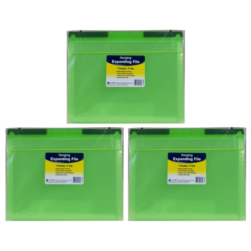 C-LINE - Expanding File Folder, 7-Pocket, Hanging Tabs, Bright Green, Pack of 3