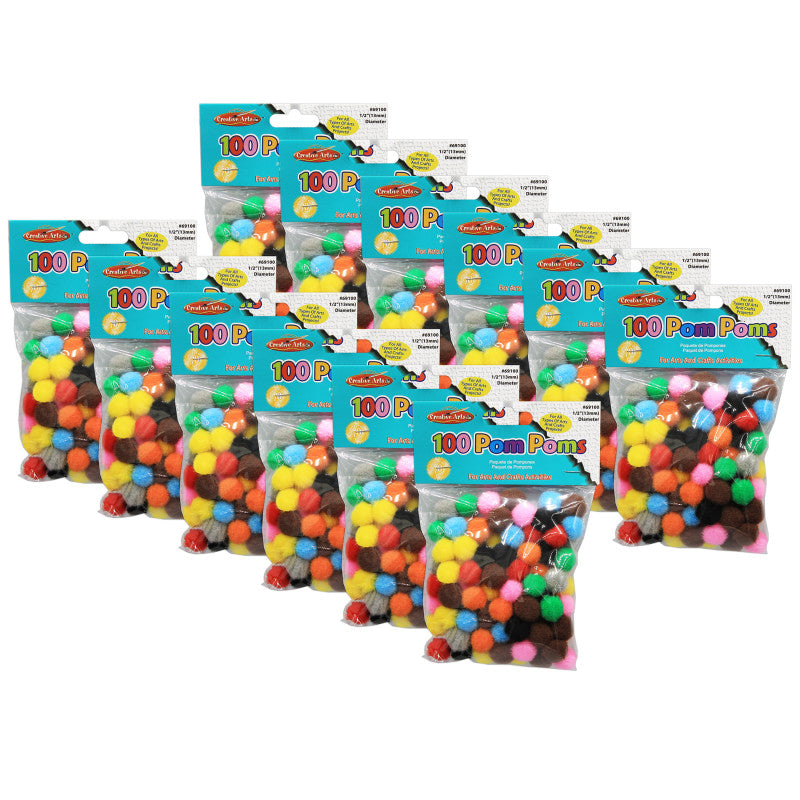 CHARLES LEONARD - Pom-Poms 1/2", Assorted Colors, 100 Per Pack, 12 Packs