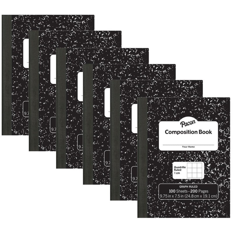 PACON - Composition Book, Black Marble, 1 cm Quadrille Ruled 9-3/4" x 7-1/2", 100 Sheets, Pack of 6