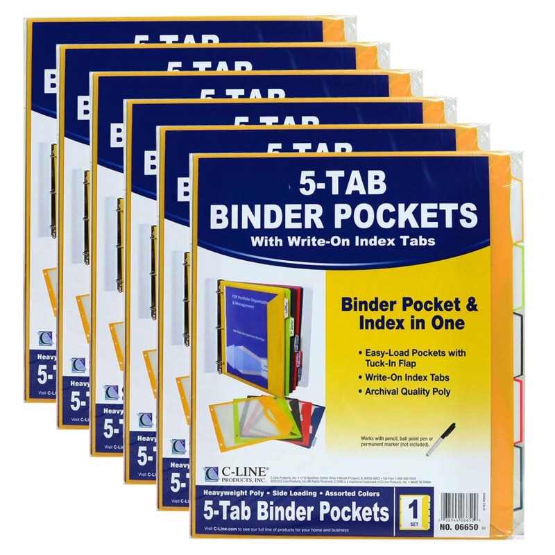 C-LINE - Super Heavyweight Poly Binder Pockets with Write-On Index Tabs, Assorted Colors, 8-1/2 x 11, 5 Per Set, 6 Sets