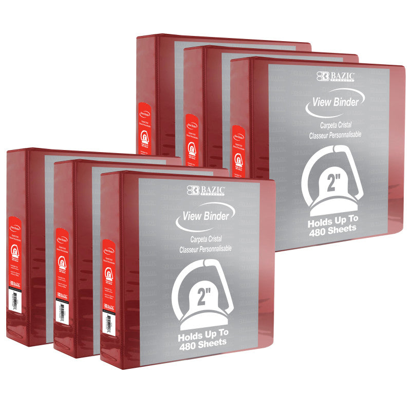 BAZIC PRODUCTS - Slant D Ring View Binder with 2 Pockets, 2", Burgundy, Pack of 6